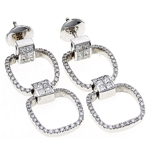 18K White Gold Dangle Earrings With Invisible Set Princess & Round Cut Diamonds (1.81 Ct., G Color, VS1 Clarity)