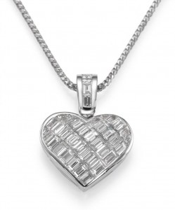 Lovely 18k White Gold Invisible Diamond Setting Baguette Cut Diamonds In A Heart Pendant with Chain, 2.5 Ct., G Color, VS1 Clarity