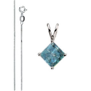 14K White Gold Pendant with 2.03 Carat Blue Princess Cut Diamond