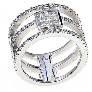 14K White Gold Triple Band Round and Princess Engagement Ring, 1.11Ct, G Color, VS1 Clarity