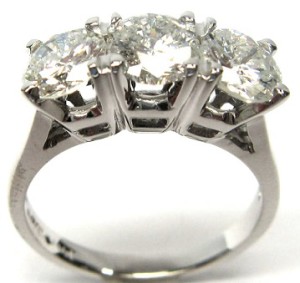 Three Stone Diamond Engagement Ring with Round Diamonds, 2.89 Carats, VS2 Clarity, H Color