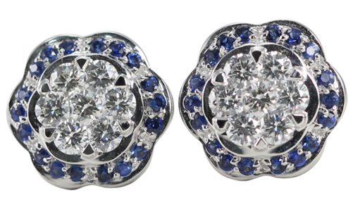 Round Cut Diamond Flower Earrings (0.77 Ct, G Color with Surrounding Blue Saphire Stones, VS Clarity) Set in an 18k White Gold Invisible Setting