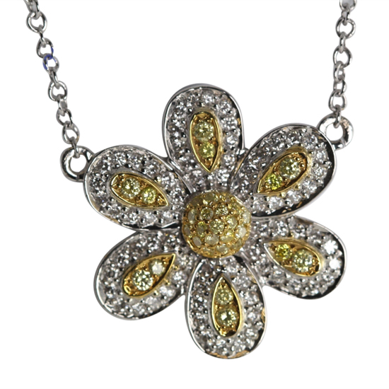  Pave Setting Flower Pendant in 18k White Gold Setting with Round Cut Diamonds (0.5 Ct, Natural Fancy Yellow & White Diamonds, SI2 Clarity)