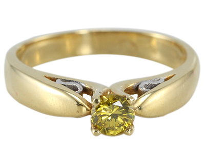 18K Two Tone White & Yellow Gold Color Irradiated Fancy Yellowish Green Round Diamond Solitaire Engagement Ring, VS2 Clarity