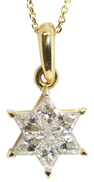 Rhombus Cut Invisible Setting Diamond Star Of David Pendant (0.59 Ct, I Color, VS Clarity) in 18k Yellow Gold