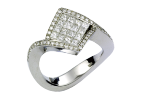 18k White Gold Fashion Engagment Ring With Invisible Set Princess and Prong Set Round Cut Diamonds