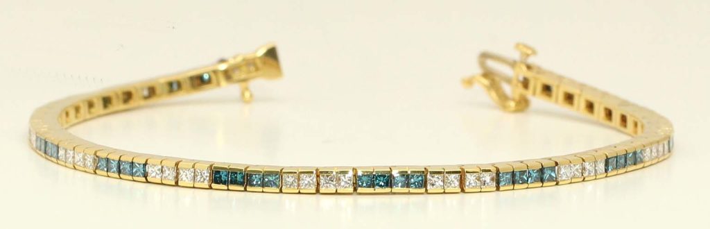 18k Yellow Gold Princess Channel Setting dress diamond tennis bracelet(3.2 ct Blue(Irradiated) 