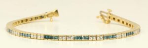 18k Yellow Gold Princess Channel Setting dress diamond tennis bracelet(3.2 ct Blue(Irradiated)