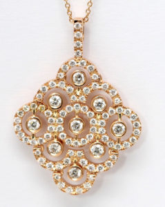 This rose gold lattice multi-stone round cut diamond necklace pendant is part of the new winter collection at CaratsDirect2u