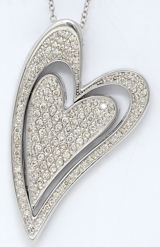 14k White Gold Double Heart Pave Set Diamond Pendant