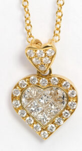 18k Yellow Gold Princess & Round Heart Diamond Pendant (1 ct, H, SI)