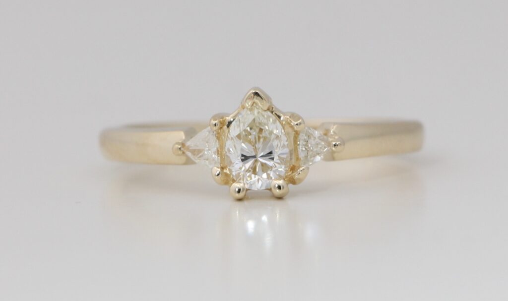 14k Yellow Gold 3 Stone Pear Diamond 3-Stone Prongs Set Marquise & Triangle Ring (0.62 Ct H-I VS Clarity)